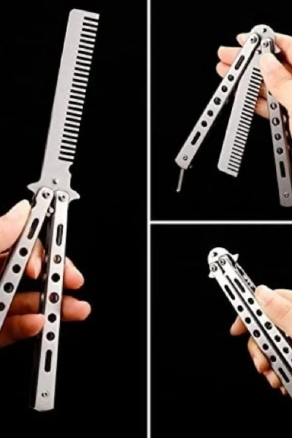 Gri Katlanabilir Paslanmaz Çelik Kelebek Bıçak Tasarımlı Tarak