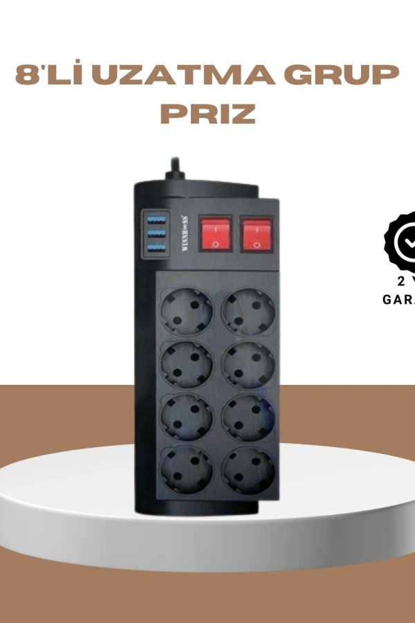 Güçlü Termal Korumalı 8 Priz + 3 USB Çoklu Uzatma Kablosu 2m