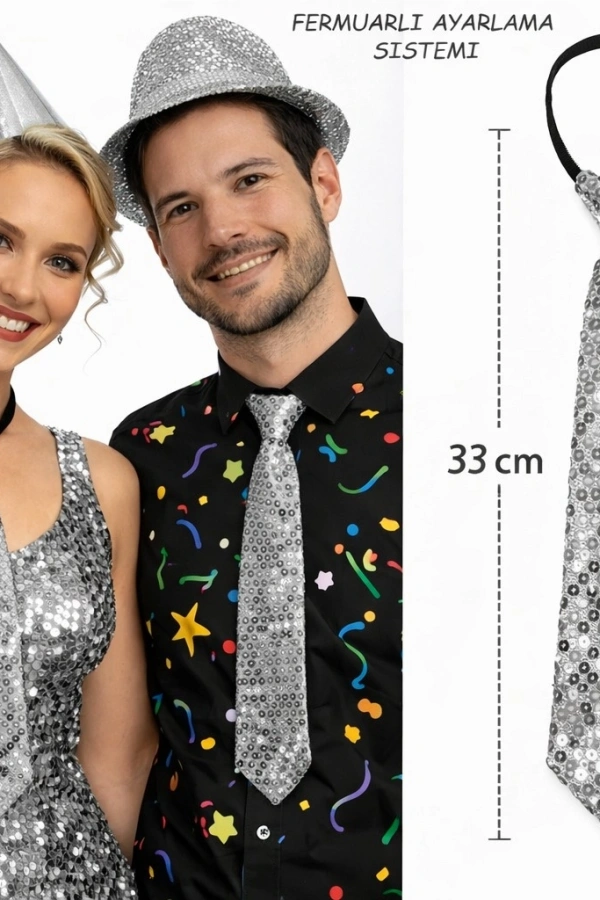 Gümüş Renk Pul Payetli Işıltılı Parti Kravatı 33 cm