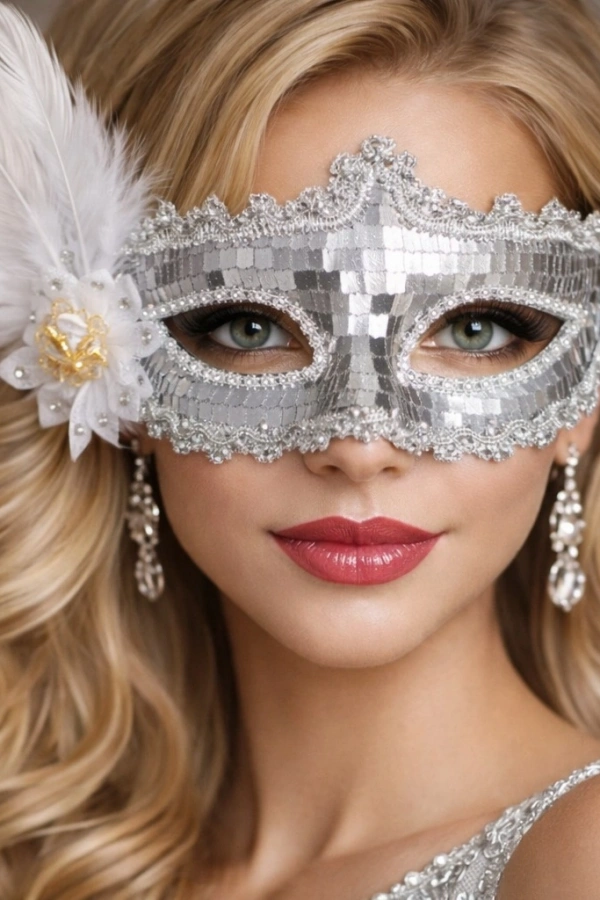 Gümüş Tüylü Payetli Lüks Taşlı Parti Maskesi