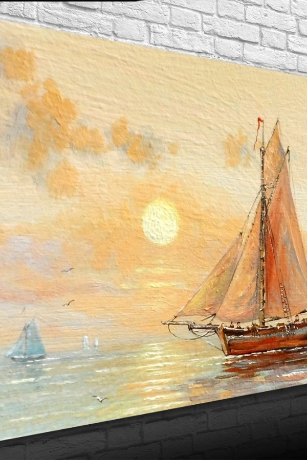 Günbatımında Yelkenli Tekne Yağlıboya Kanvas Tablo 50 x 70