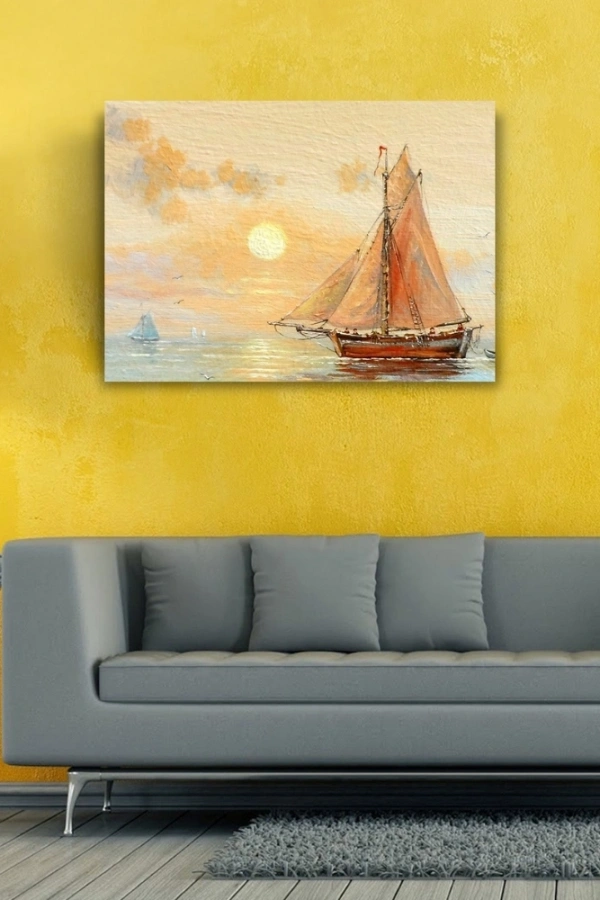 Günbatımında Yelkenli Tekne Yağlıboya Kanvas Tablo 50 x 70