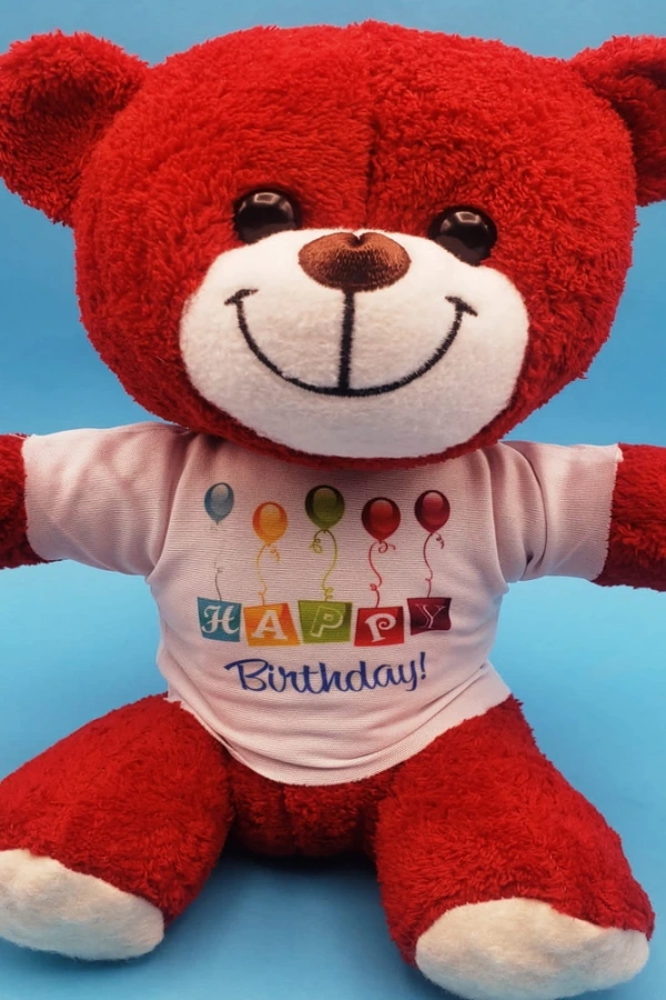 Happy Birthday Tişörtlü Peluş Kırmızı Ayıcık