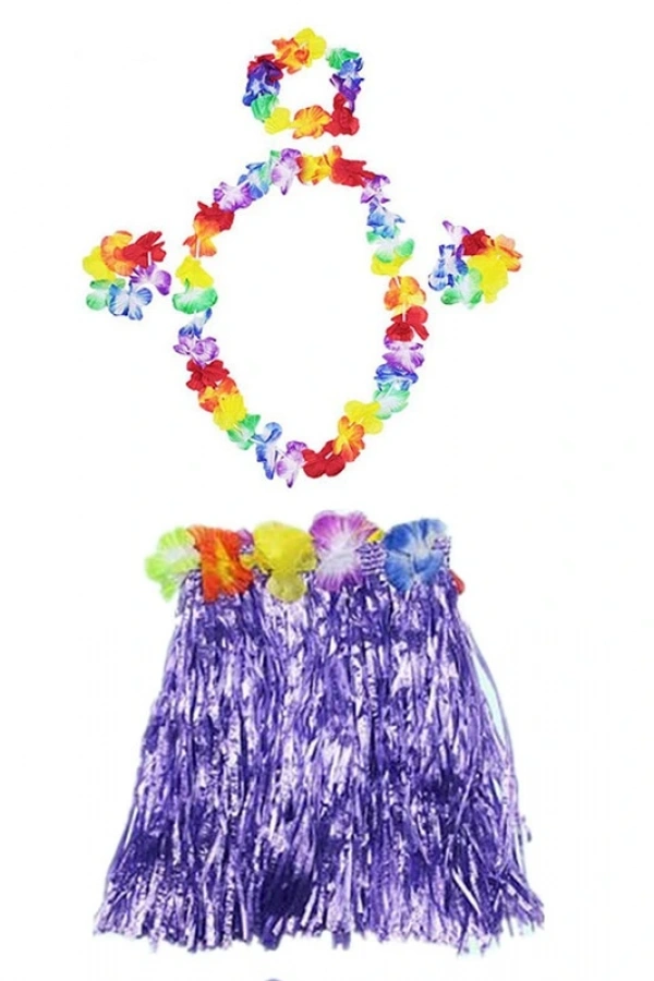 Havaii Kolye Etek Taç ve Bileklik Seti Mor