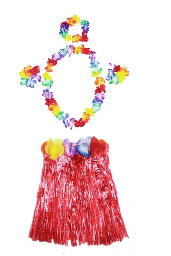 Hawaii  Kolye Etek Taç ve Bileklik Seti Kırmızı