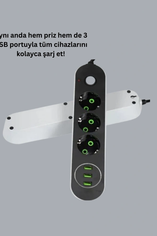 Hızlı Şarj Özellikli 3 USB Girişli Üçlü Priz