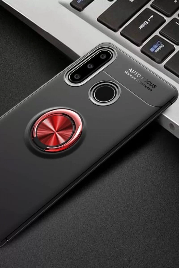 Huawei Y6P Kılıf Range Yüzüklü Silikon - Siyah-Kırmızı