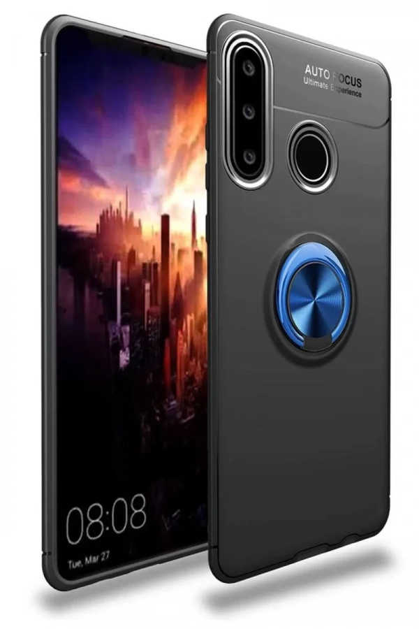 Huawei Y6P Kılıf Range Yüzüklü Silikon - Siyah-Mavi