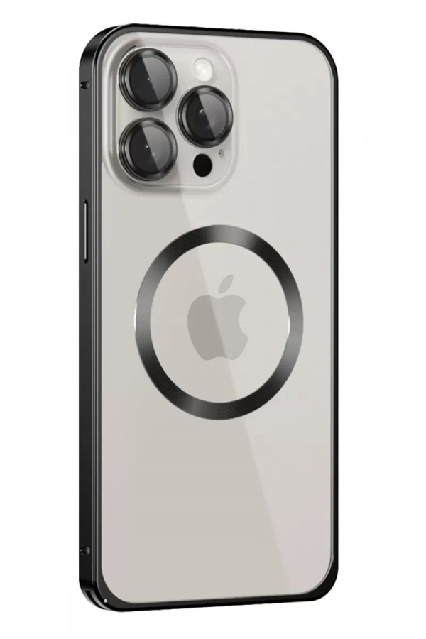 iPhone 15 Pro Max Kılıf Metal Bumper Magneticsafe Kapak - Siyah