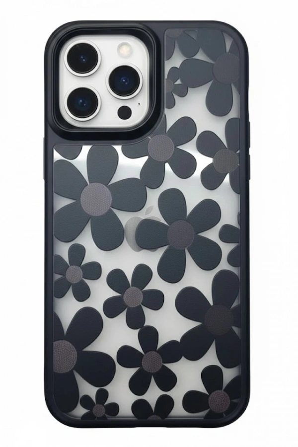 iPhone 16 Pro Max Çiçekli Kılıf Bağlama Aparatlı Siyah