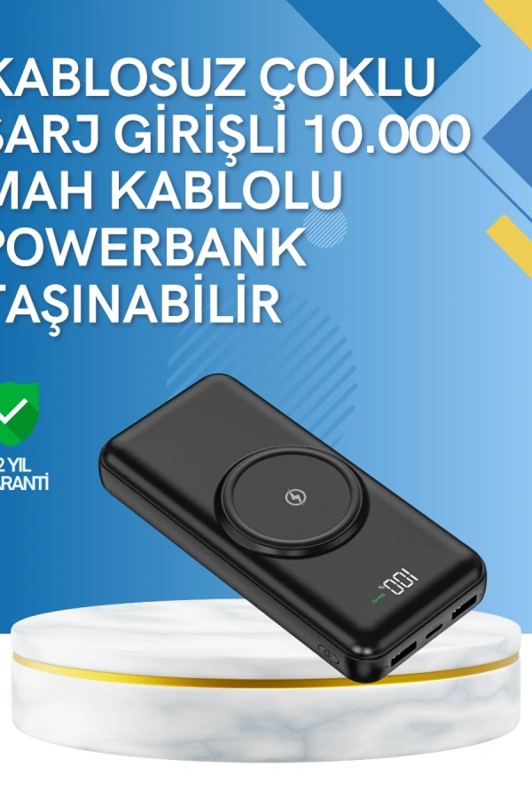 iPhone ve Android Uyumlu 10000mAh Powerbank – Hem Kablolu Hem Kablosuz