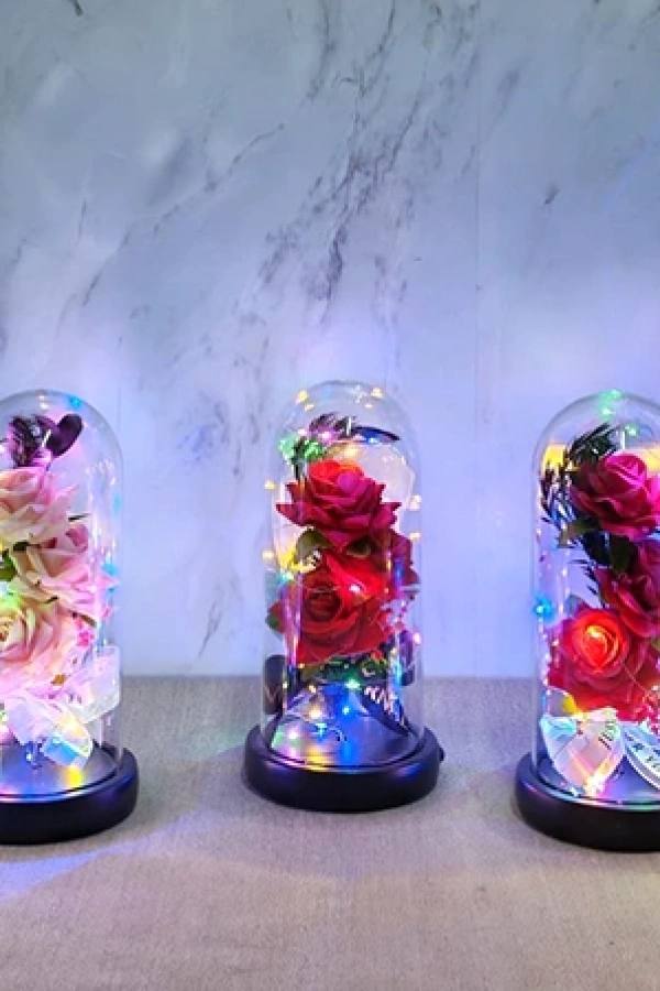 Işıklı Müzikli Cam Fanus İçinde Romantik Gül