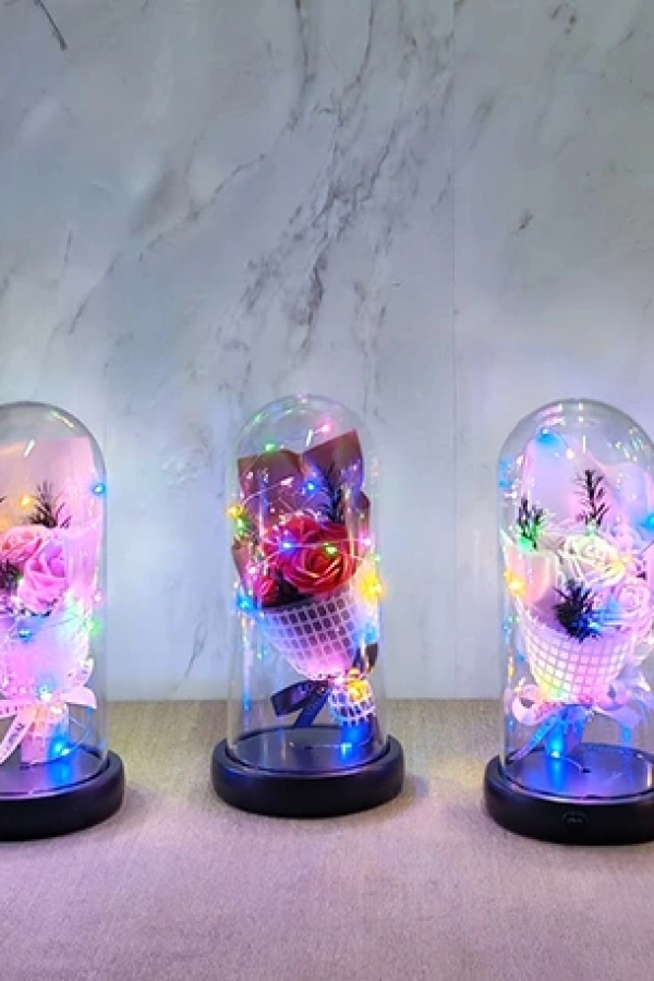 Işıklı Müzikli Fanus içinde Gül Buketi