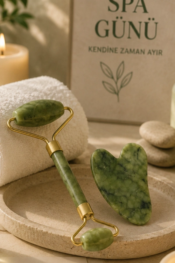 Jade Stone Yüz Bakım Seti Gua Sha ve Roller Masaj Taşı
