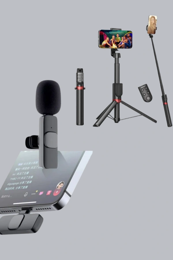 Kablosuz Çift Yaka Mikrofonu ve Tripodlu Selfie Çubuğu İçerik Üretici Seti