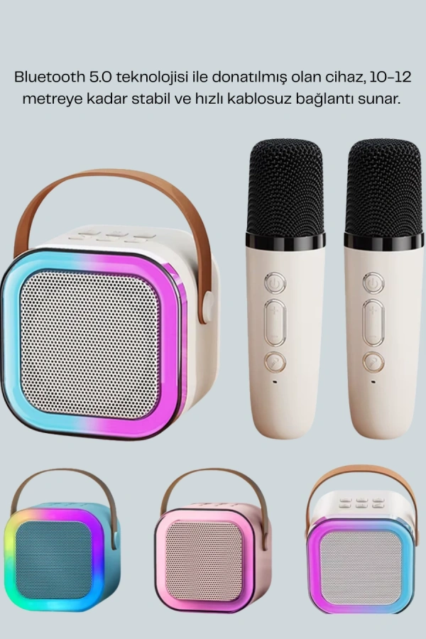 Kablosuz Karaoke Hoparlör – Çift Mikrofon ve LED Işıklı