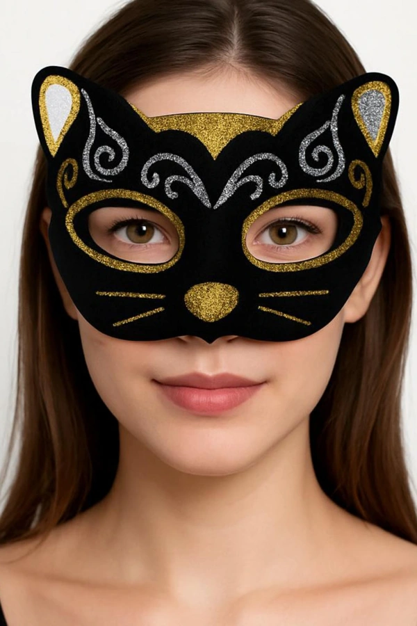 Kadife Dokulu Simli Kedi Maskesi Altın Gümüş Detaylı