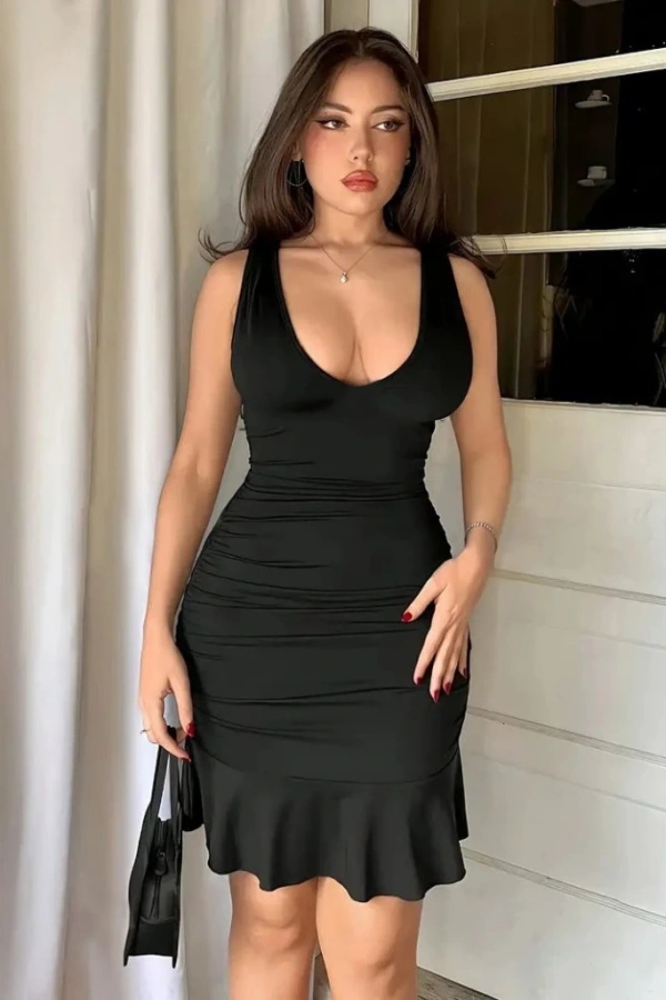 Kadın Askılı Derin V Dekolteli Fırfırlı Janjan Krep Elbise