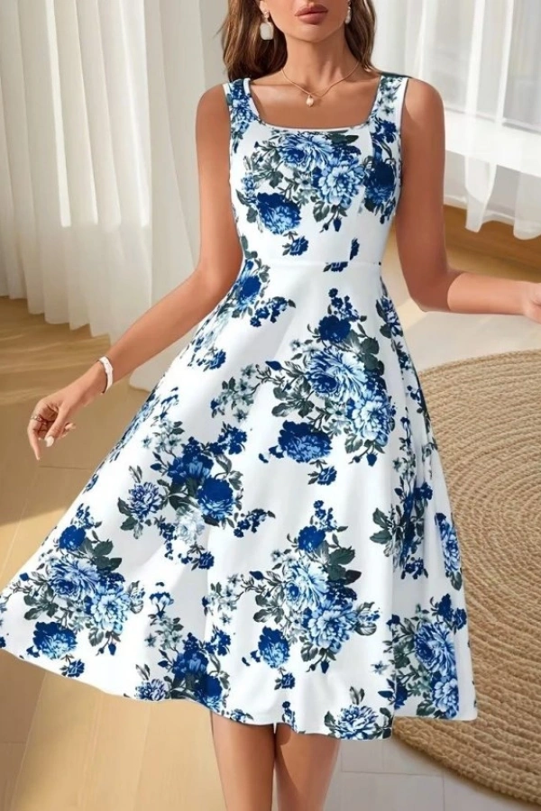 Kadın Askılı Kare Yakalı çiçek Desenli Midi Dalgıç Elbise