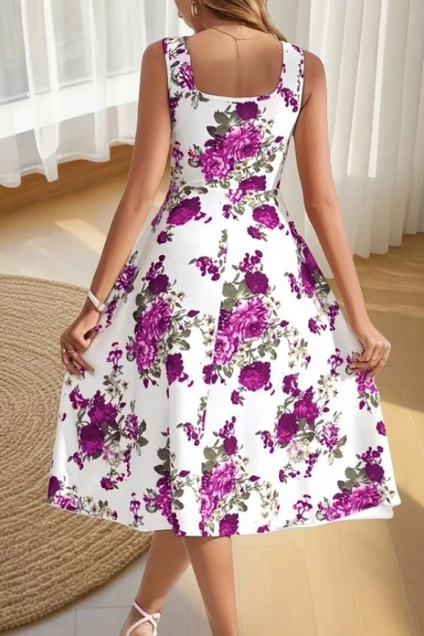 Kadın Askılı Kare Yakalı çiçek Desenli Midi Dalgıç Elbise