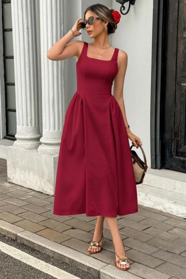 Kadın Askılı Kare Yakalı Uzun Ithal Krep Elbise