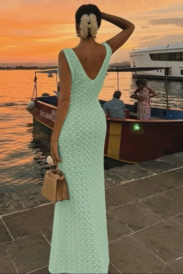 Kadın Askılı V Yakalı Uzun Triko Elbise