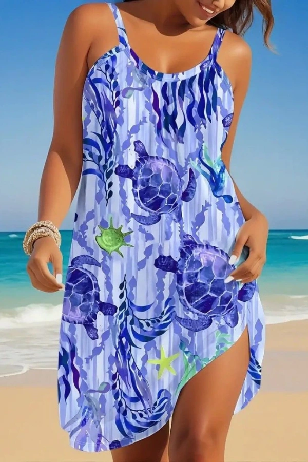 Kadın Askılı Yuvarlak Yaka Kaplumbağa Desenli Süprem Elbise