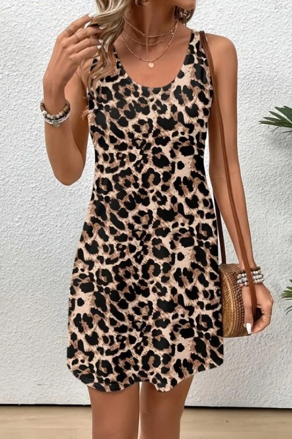 Kadın Askılı Yuvarlak Yakalı Kısa Leopar Desenli Süprem Elbise
