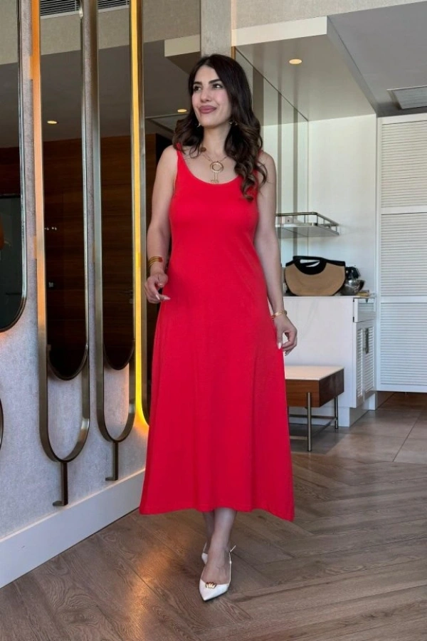 Kadın Askılı Yuvarlak Yakalı Viskon Elbise