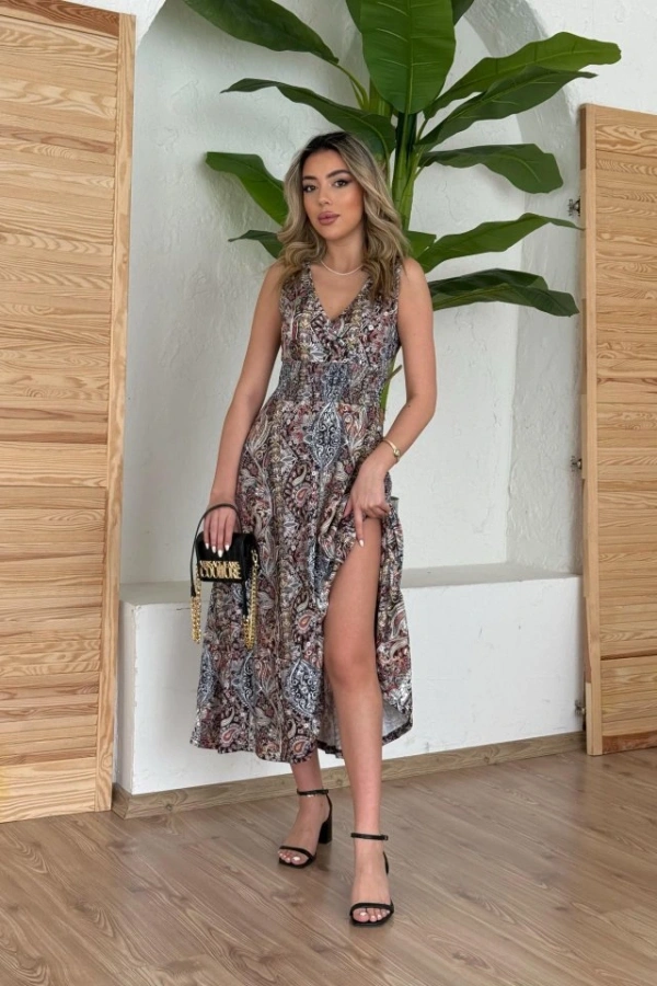 Kadın Beli Gipeli Etnik Desen Sıfır Kol Süprem Elbise