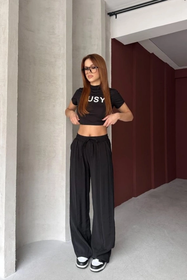 Kadın Beli Lastikli çımalı Tensel Kumaş Ispanyol Paça Pantolon