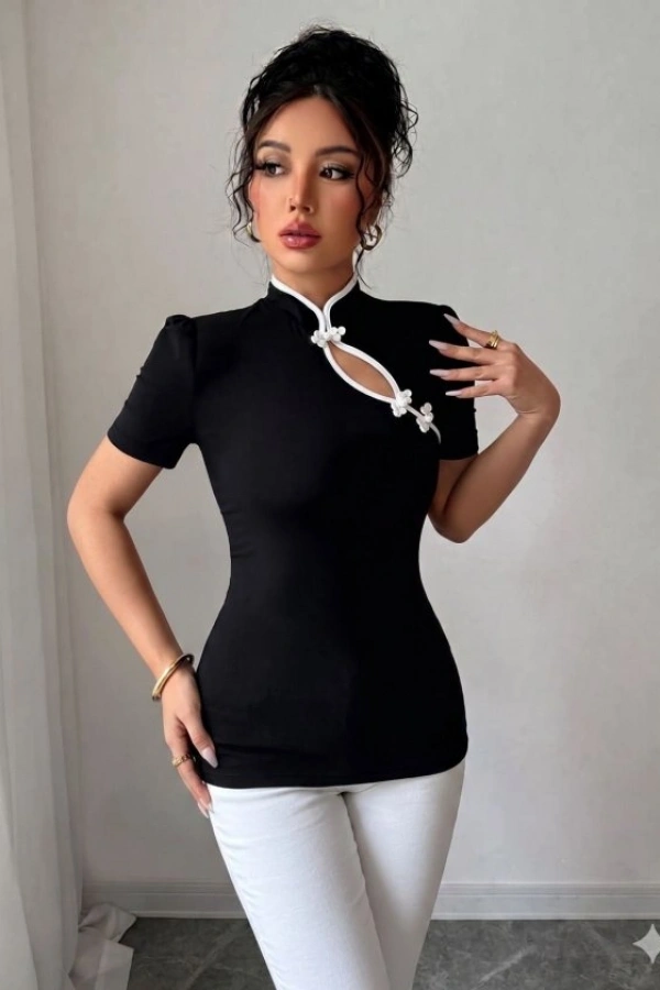 Kadın Beyaz şerit Detaylı Dar Kesim Dik Yaka Bluz