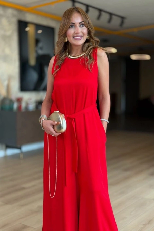 Kadın Bisiklet Yaka Beli Kuşak Detaylı Rahat Kesim Tulum