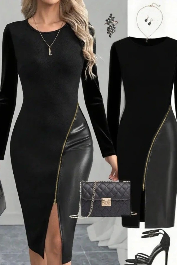 Kadın Bisiklet Yaka Uzun Kollu Deri Ve Fermuar Detay Mini Yırtmaçlı Elbise