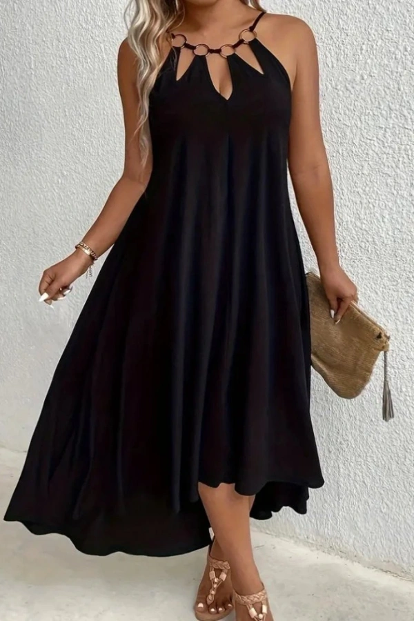 Kadın Boyundan Askılı Damla Detaylı Halkalı Asimetrik Kesim Viskon Elbise