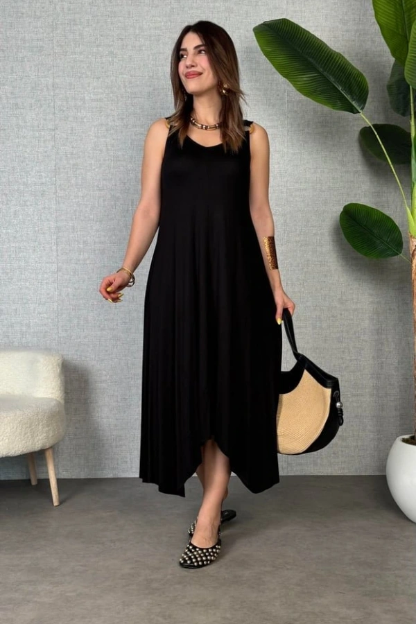 Kadın çan Dokuma Kumaş V Yaka Asimetrik Kesim Elbise