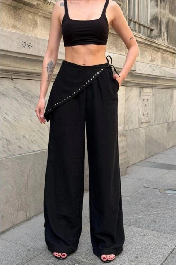 Kadın Droplu Fermuarlı Aerobin Kumaş Maxi Boy Oversize Pantolon