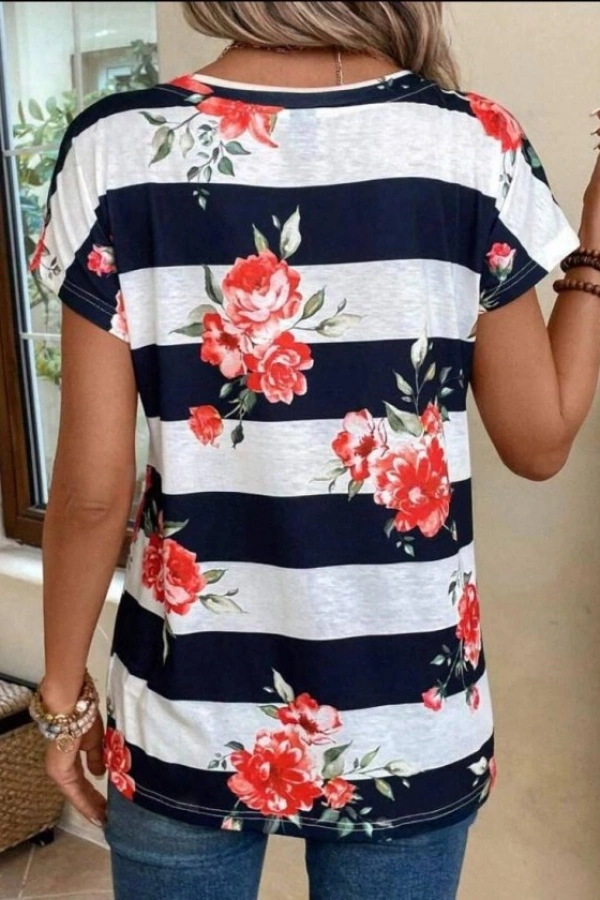 Kadın Gül Desenli çizgili Süprem Tshirt