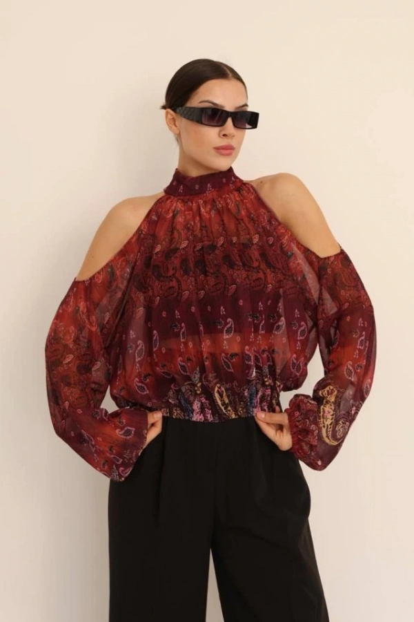 Kadın Halter Yaka Full Transparan Omuz Dekolteli Bluz