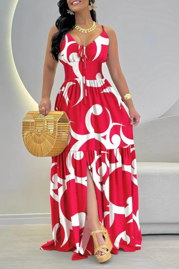 Kadın Ip Askılı Dekolteli Bağcıklı Yırtmaçlı Desenli Süprem Elbise