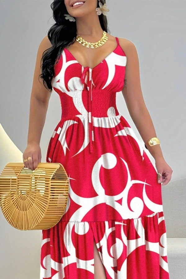 Kadın Ip Askılı Dekolteli Bağcıklı Yırtmaçlı Desenli Süprem Elbise