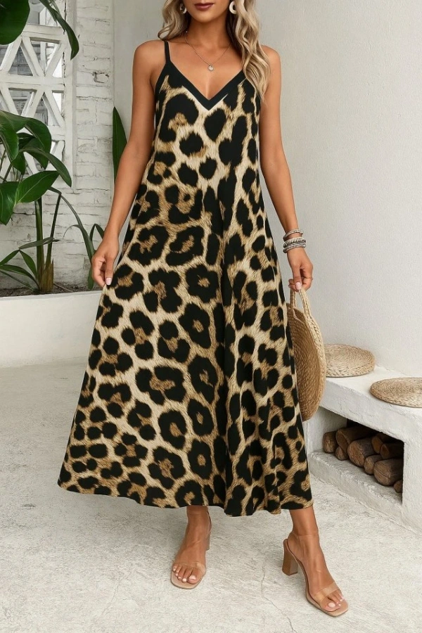 Kadın Ip Askılı Geniş V Yakalı Leopar Desenli Süprem Elbise