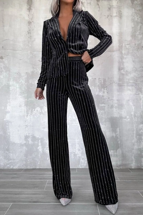 Kadın Kadife Kumaş üzerine Taş Işlemeli Ceket Pantolon Ikili Takım