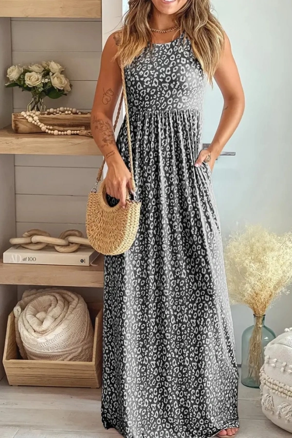 Kadın Kalın Askılı Yuvarlak Yaka Cepli Süprem Maksi Elbise