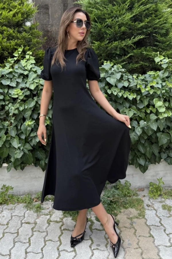 Kadın Kısa Balon Kollu Bisiklet Yaka Geniş Kesim Janjan Krep Elbise