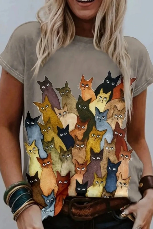 Kadın Kısa Kollu Bisiklet Yaka Kedi Desenli Süprem Bluz