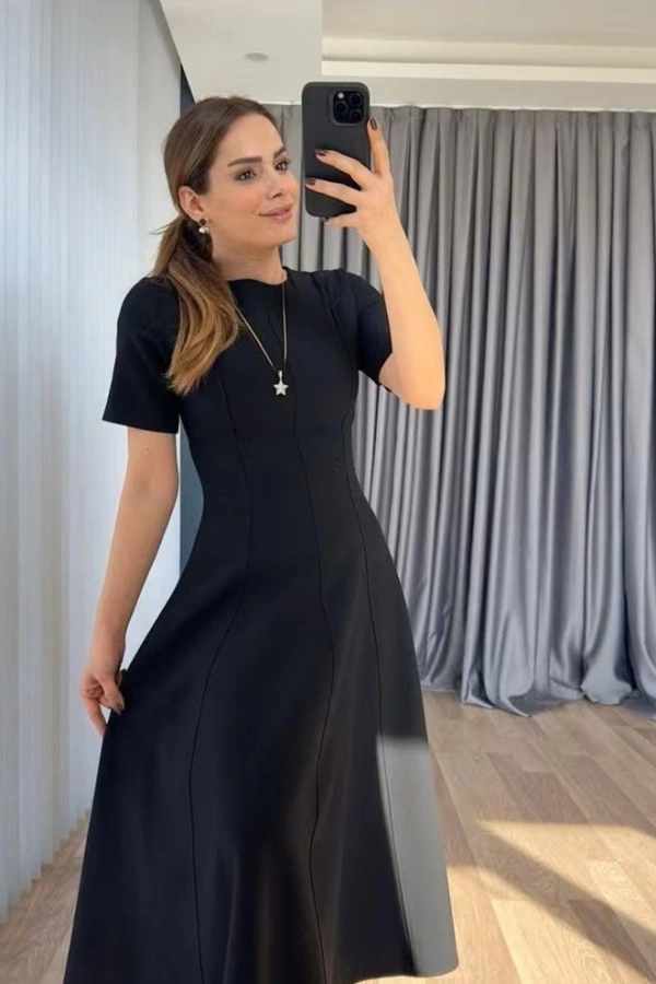 Kadın Kısa Kollu Bisiklet Yaka Maksi Boy Ithal Krep Elbise