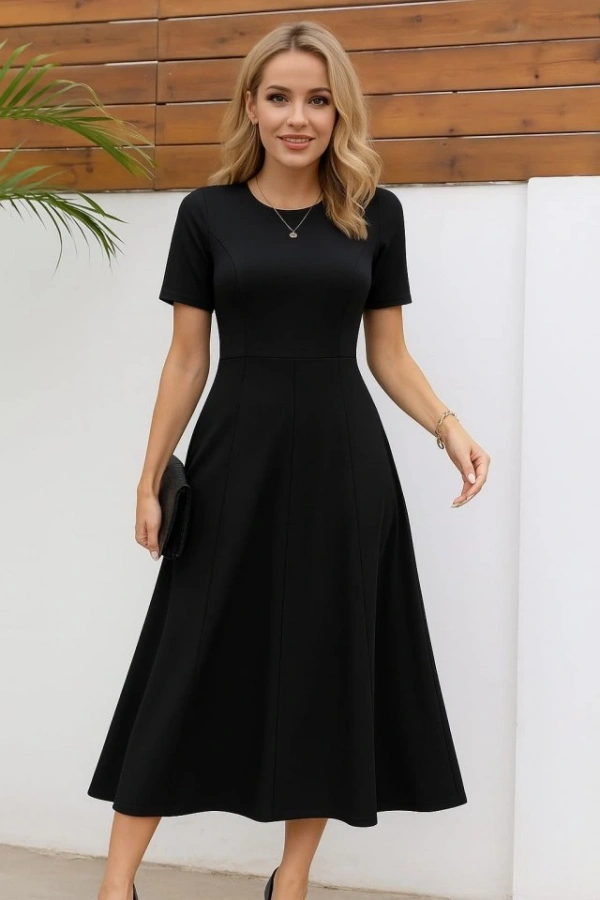 Kadın Kısa Kollu Bisiklet Yaka Maksi Boy Ithal Krep Elbise