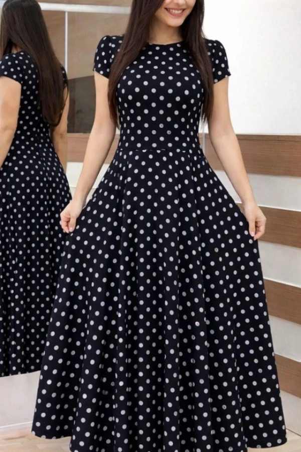 Kadın Kısa Kollu Bisiklet Yaka Puantiyeli Maksi örme Krep Elbise