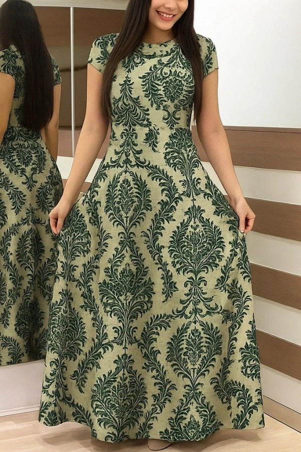 Kadın Kısa Kollu Bisiklet Yaka Puantiyeli Maksi örme Krep Elbise